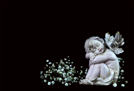 Condolence card with sleeping angel and white flowers isolated on black backgroundの写真素材