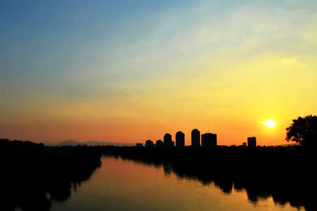 Beautiful sunset at the Sava river banks in Zagreb, Croatiaの写真素材