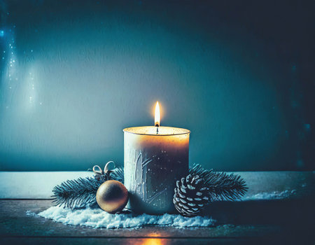 Christmas candle and festive decoration. Merry Christmas and Happy New Year concept.の素材