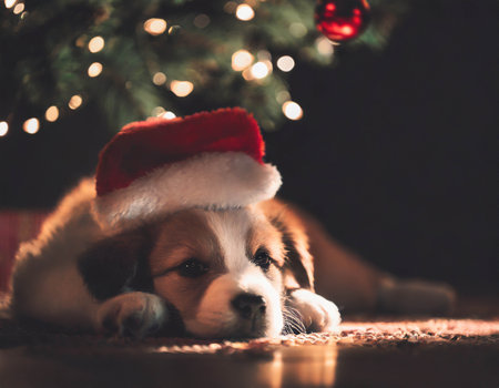 Puppy in Santa hat under a Christmas treeの素材