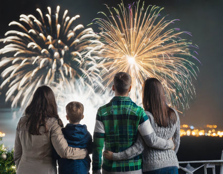 New Year celebration, Family standing outdoors and watching fireworksの素材