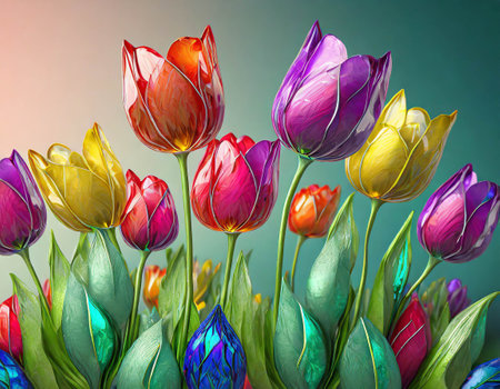 Mothers Day flowers. Colourful glass tulips. Spring floral background concept.の素材