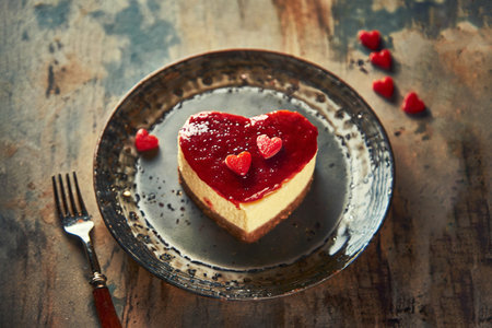 Valentines Day dessert. Heart shaped cheesecake on grunge background.の素材