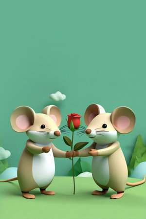 Cute pair of mice and red rose, green background with copy space. Valentines Day card.  Love concept.の素材