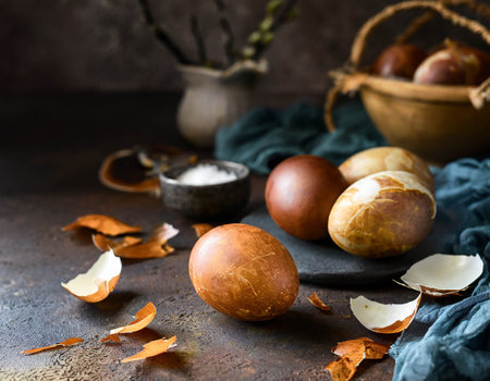 Naturally colored Easter eggs with onion skins, close upの素材