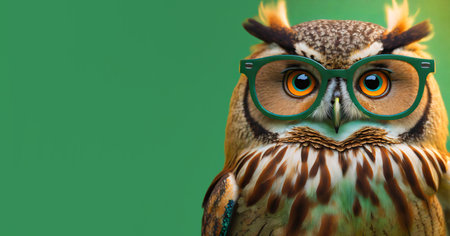 Portrait of owl wearing glasses on green background with copy spaceの素材