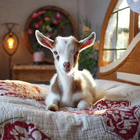 Cute little goat laying on the bedの素材