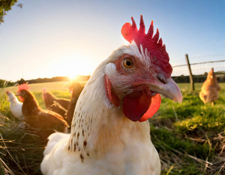 Chicken on the farm, close up, fisheye effectの素材