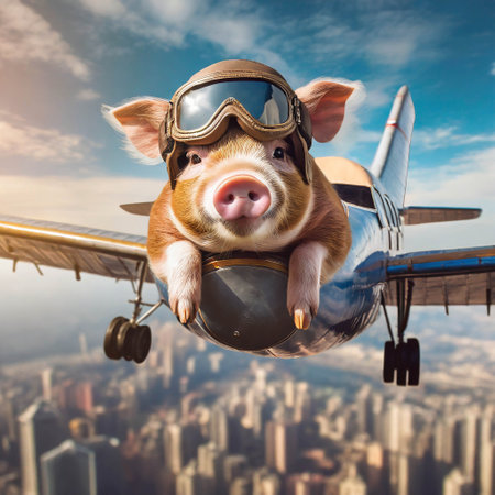 Pig flying on the plane above cityの素材