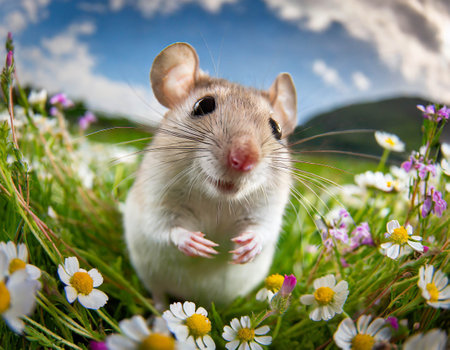 Mouse in the field with wildflowers, close up, fisheye effectの素材