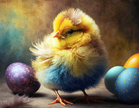 Cute chicken and painted Easter eggの素材
