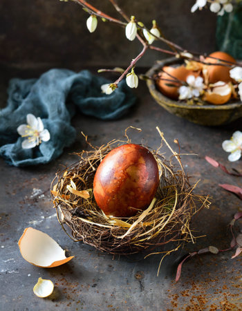 Easter egg naturally dyed with onion skins. Easter nest.の素材