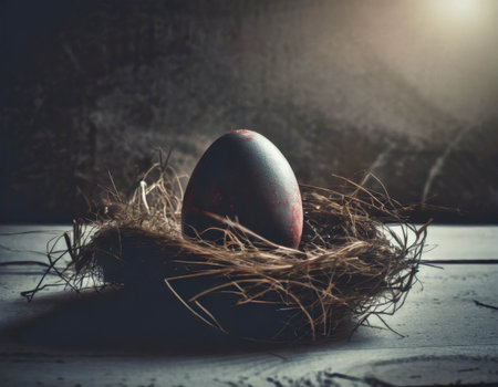 Easter egg in the nest on dark wooden backgroundの素材