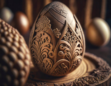 Wooden Easter egg, close up. Easter craft concept.の素材