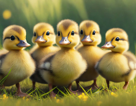 Cute little ducklings on green grass, close upの素材