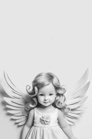 Beautiful little angel girl on background with copy spaceの素材