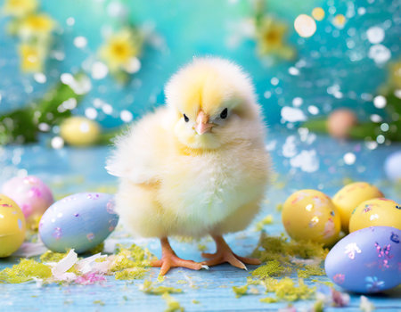 Easter card with Easter chicken and colorful Easter eggsの素材