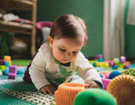 Baby crawling in kids room withcolourful toysの素材