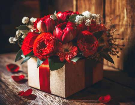Happy Womens day card. Red flowers in gift box on wooden background.の素材
