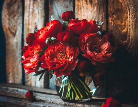 Red flowers in vase on wooden background. Mothers Day concept.の素材