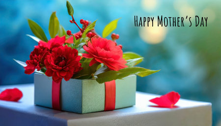 Happy Mothers Day card. Red flowers in gift box on blue backgroundの素材