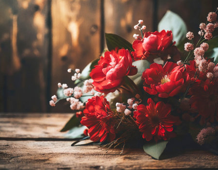 Happy Womens day card with bunch of red flowers on wooden background.の素材
