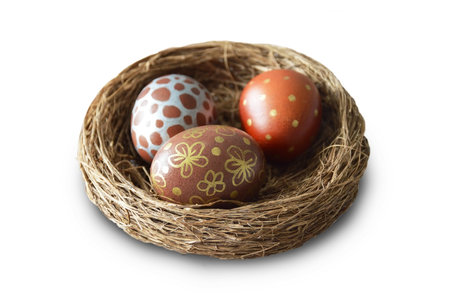 Easter eggs in nest isolated on white backgroundの写真素材