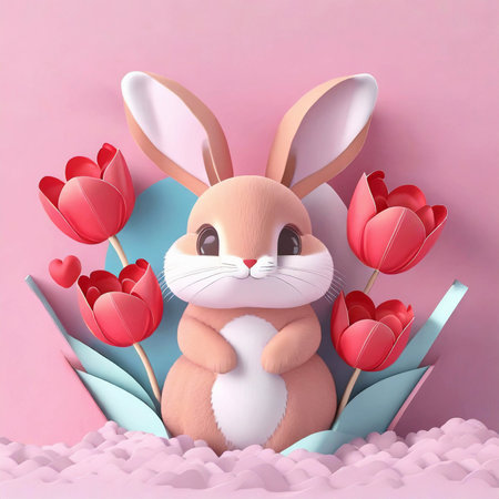 Bunny rabbit and red tulips on pink background. Valentine or Easter card.の素材