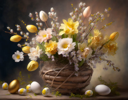 Easter flowers in basket and Easter eggs on tableの素材