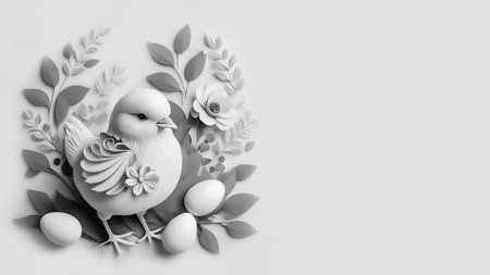 Easter card with copy space. Easter chick, eggs and flowers in paper cut style.の素材