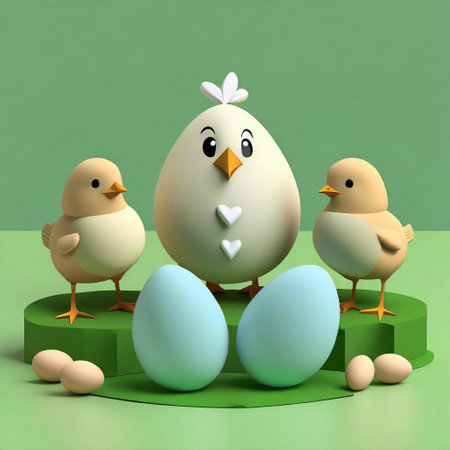 Easter hen, chicks and eggs in cartoon clay styleの素材