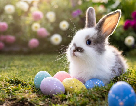 Cute Easter rabbit with decorated eggs on green spring landscape. Happy Easter greeting card.の素材