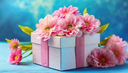 Anniversary, flowers, gift,  card, background,  mother, happy, women, greeting, bouquet, banner,  pink, box, wedding, anniversary, birthday, present,  floral, arrangement, decoration, concept, day, love, symbol, luxury, bunch, romantic, celebration, cardboard, color, ribbon, silk, bow, indoor, beauty, petal, nature, still life, nobody, blue, blurred, objectの素材