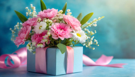 flowers, bouquet,  mothers day, gift,  card, mother, anniversary, women,background,  copy space,   box,  concept, present,   greeting, banner,  happy, pink, wedding,  birthday,  floral, arrangement, decoration, concept, day, love, symbol, luxury, bunch, romantic, celebration, cardboard, color, ribbon, silk, bow, indoor, beauty, petal, nature, still life, nobody, blue, blurred, objectの素材