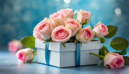 Mothers Day roses in gift box on blue backgroundの素材