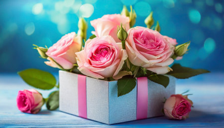 Mother, card, rose,  flower,  bouquet, gift, pink, background, valentine, women, banner, happy, box, love, symbol, wedding, anniversary, birthday, day, floral, present, arrangement, decoration, bunch, greeting, concept, romantic, celebration, cardboard, colour, indoor, beauty, petal, nature, still life, nobody, blue, blurred, object, bow, silk, ribbonの素材