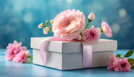 Pink flowers in gift box on blue background. Mothers day, Anniversary, Womens Day gift conceptの素材