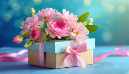 mothers day, flowers, mother, gift, card, women, background, copy space,  greeting, valentine, bouquet, banner,  happy, pink,box,  wedding, anniversary, birthday, present,  floral, arrangement, decoration, concept, day, love, symbol, luxury, bunch, romantic, celebration, cardboard, color, ribbon, silk, bow, indoor, beauty, petal, nature, still life, nobody, blue, blurred, objectの素材