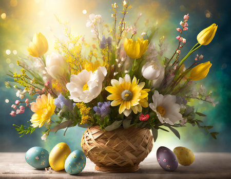 Easter flowers in vase and Easter eggs on tableの素材