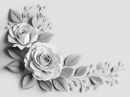 White paper roses border. Floral frame with copy space. Greeting card template for wedding, Mothers or Womans day.の素材