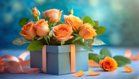 Anniversary card with orange roses in gift box on a blue backgroundの素材