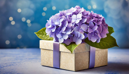 Mother's Day card with gift box and hydrangea flower on blue background, copy spaceの素材