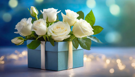 Wedding bouquet of white roses in gift box on a blue background with copy space.の素材