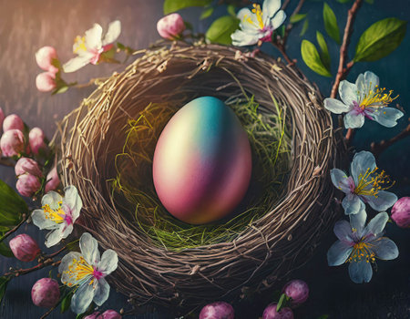 Easter egg in the nest and spring flowers, top viewの素材