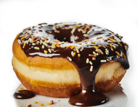 Doughnut with melting chocolate topping and sprinkles isolated on white backgroundの素材