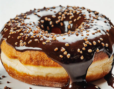 Doughnut with melting chocolate topping and nuts isolated on white backgroundの素材