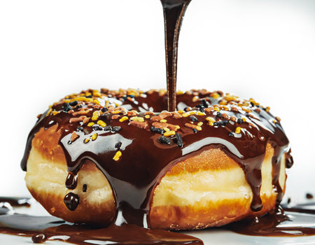 Sweet doughnut with melting chocolate topping and crunchy sprinkles isolated on white backgroundの素材