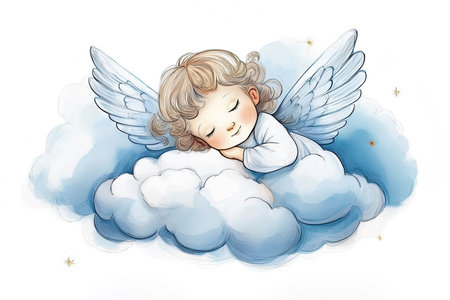 Angel sleeping on the cloud isolated on white backgroundの素材