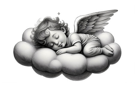 Angel sleeping on the cloud isolated on white backgroundの素材