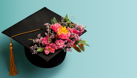 Black graduation cap and flowers on blue background with copy spaceの素材